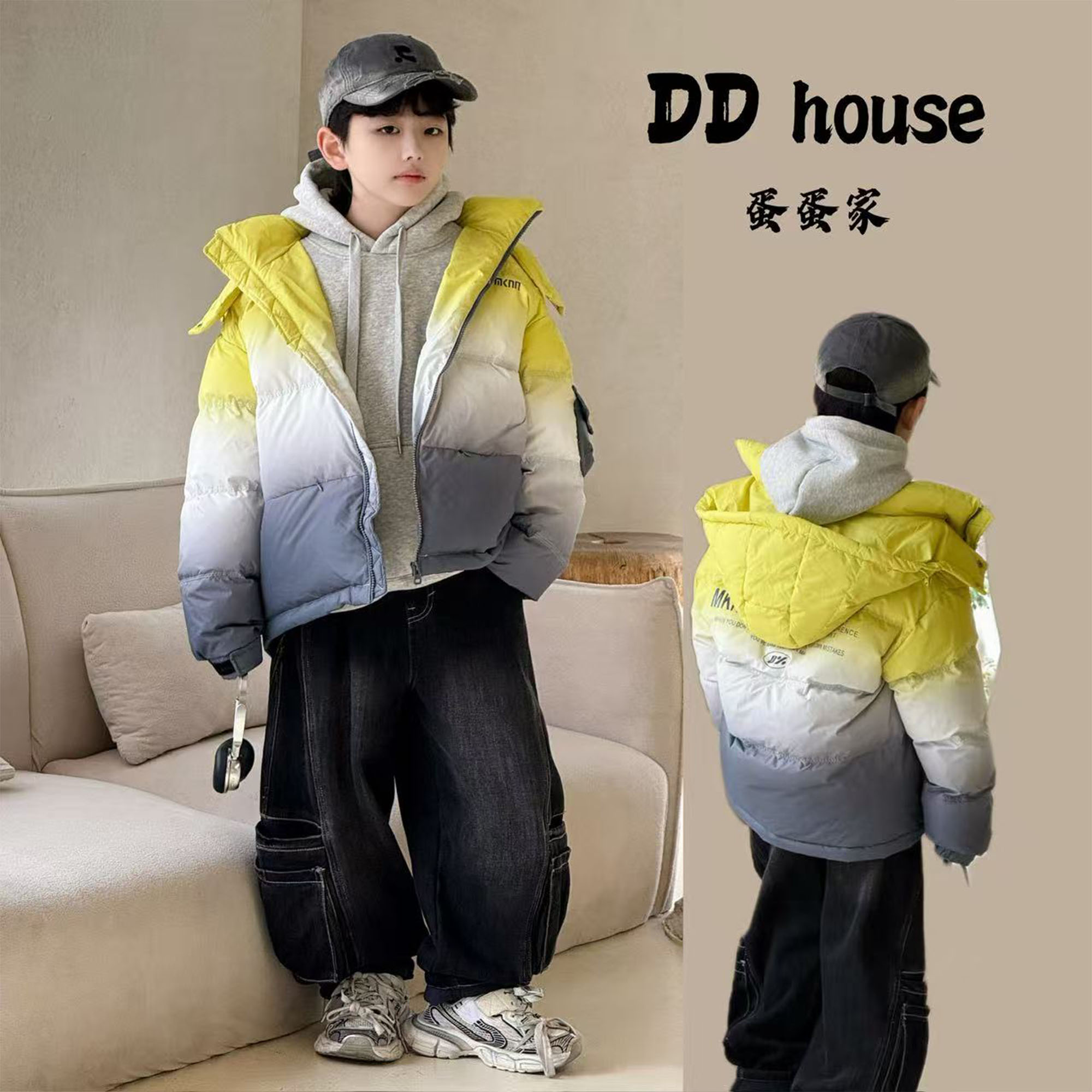蛋蛋家【蓝黄渐变】25354冬季新款洋气蓝黄渐变连帽棉服外套