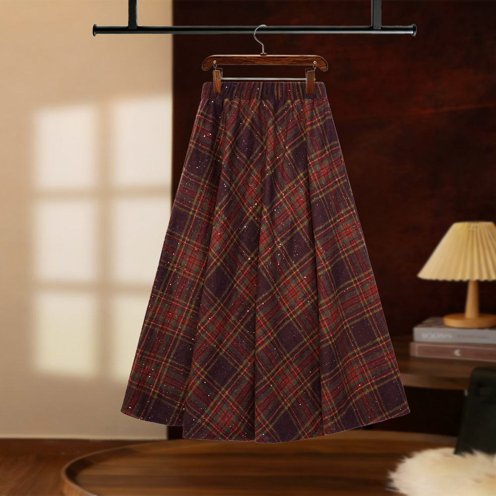 【宝儿姐】2025秋冬格纹复古洒银半身裙高腰设计显瘦显优雅D8196