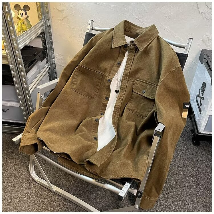 2023秋冬新款大码学院风潮流百搭水洗厚面料宽松版长袖衬衫男衬衣