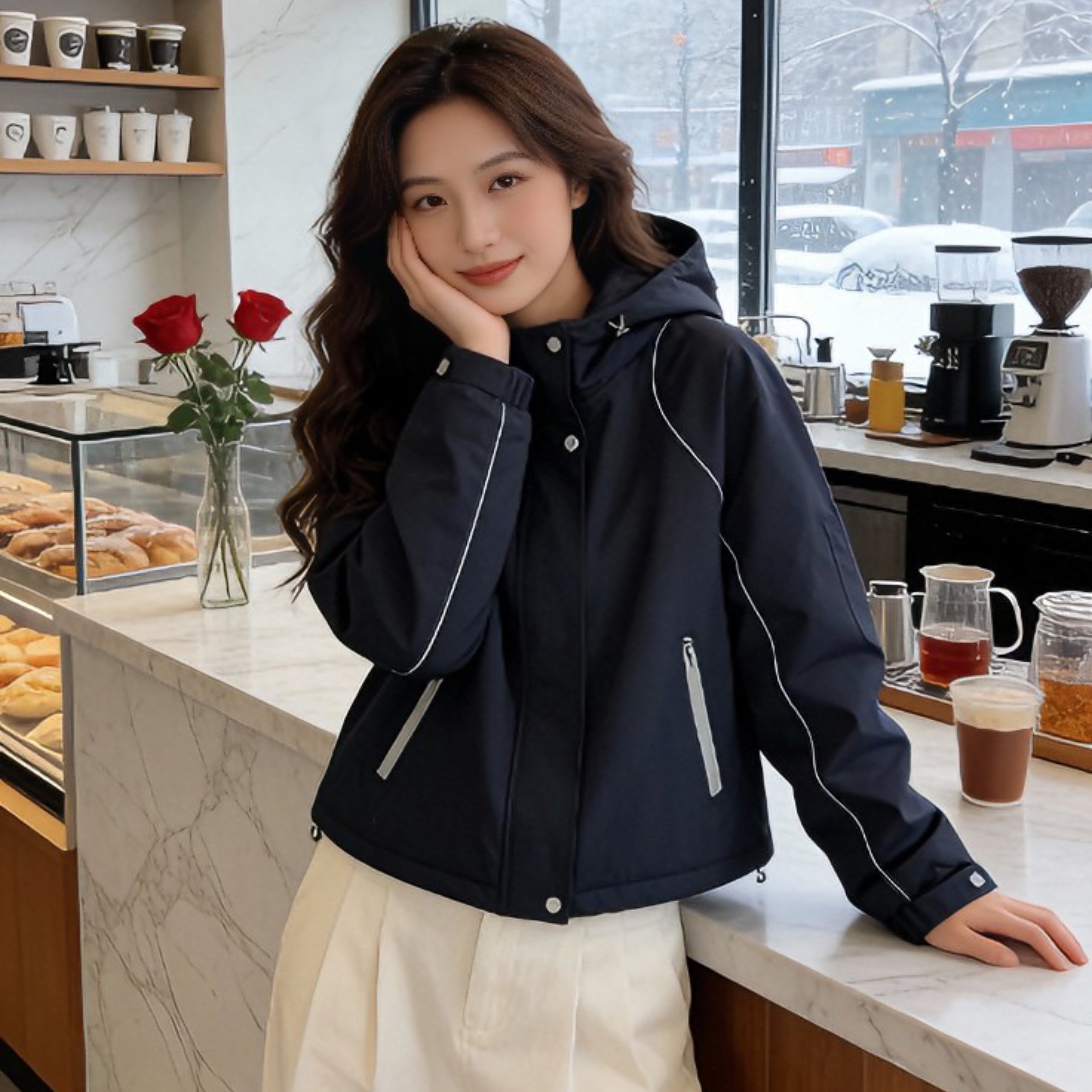 加棉加厚连帽冲锋衣外套女秋冬新款百搭减龄显瘦小个子休闲夹克潮