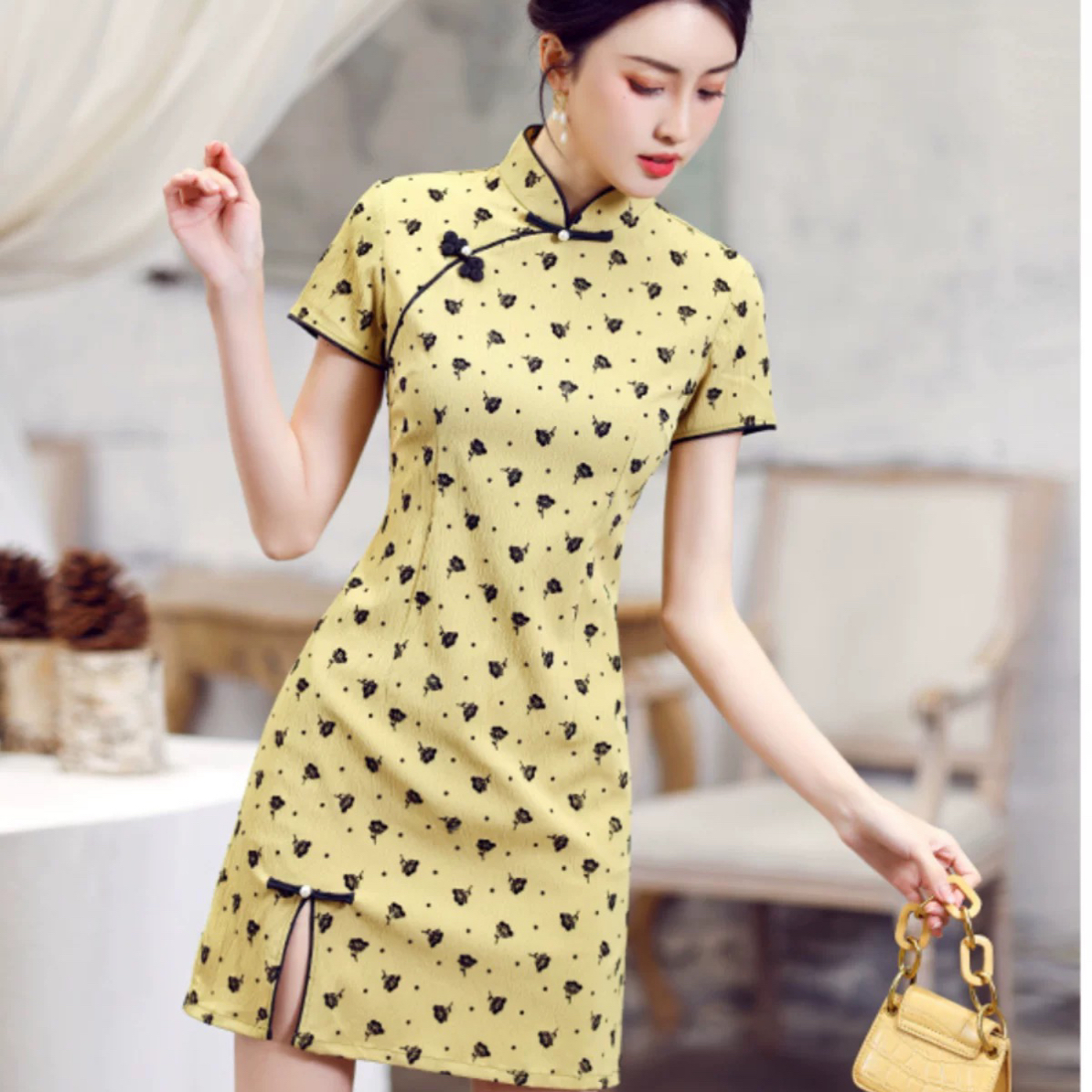 【3009 如愿 黄色 】显瘦气质修身优雅复古旗袍