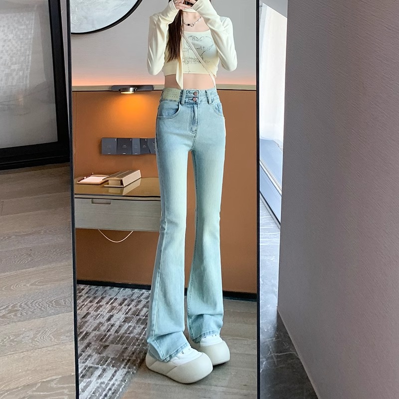 浅色美式复古微喇牛仔裤女2025春季小个子高腰显瘦弹力拖地喇叭裤