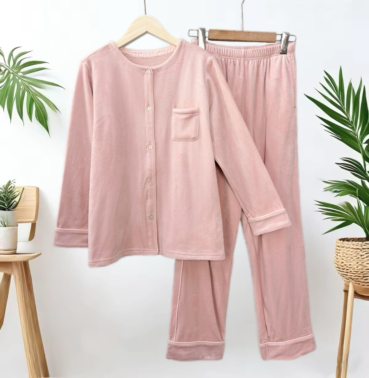 玲姐定制-秋冬薄毛绒睡衣口袋款开衫直筒裤两件套家居服553130