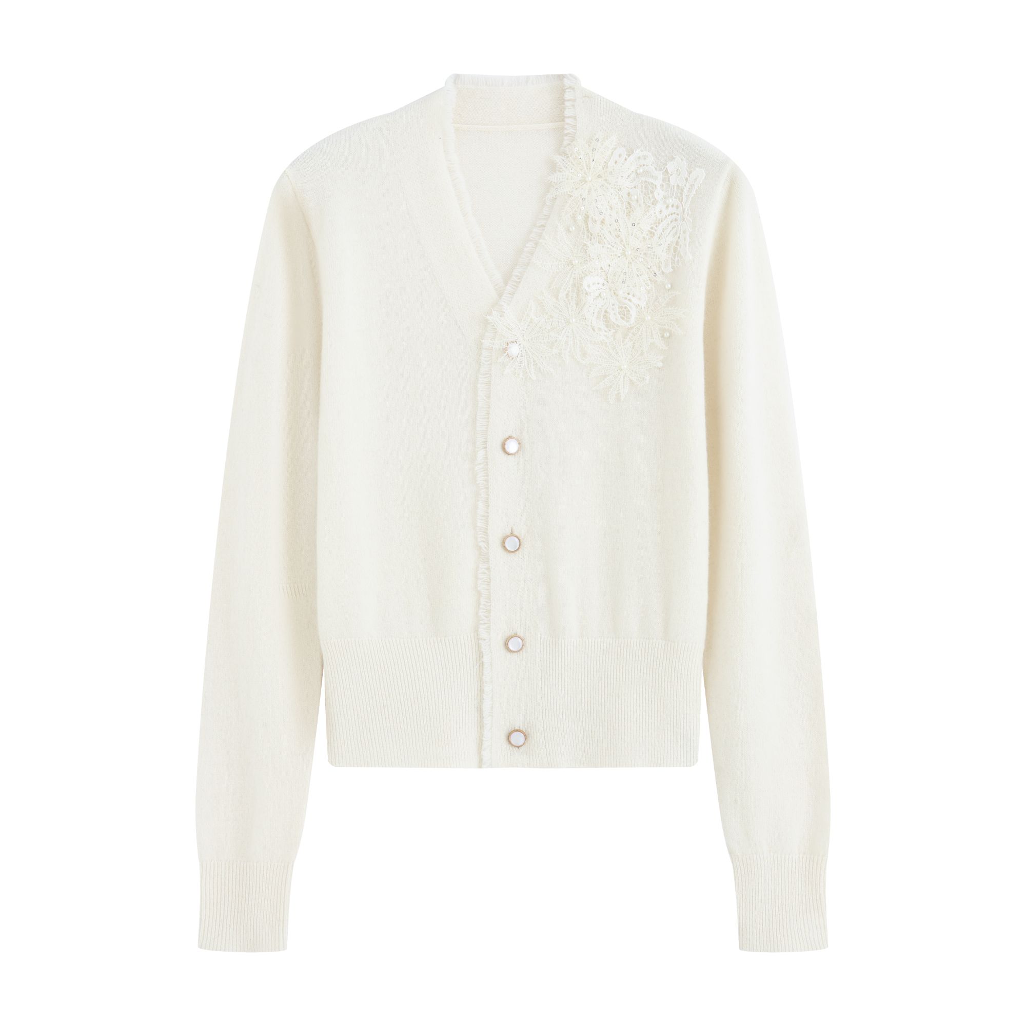 【深圳原创*】法式V领羊毛羊绒蕾丝手工订珠开衫女士针织衫1449