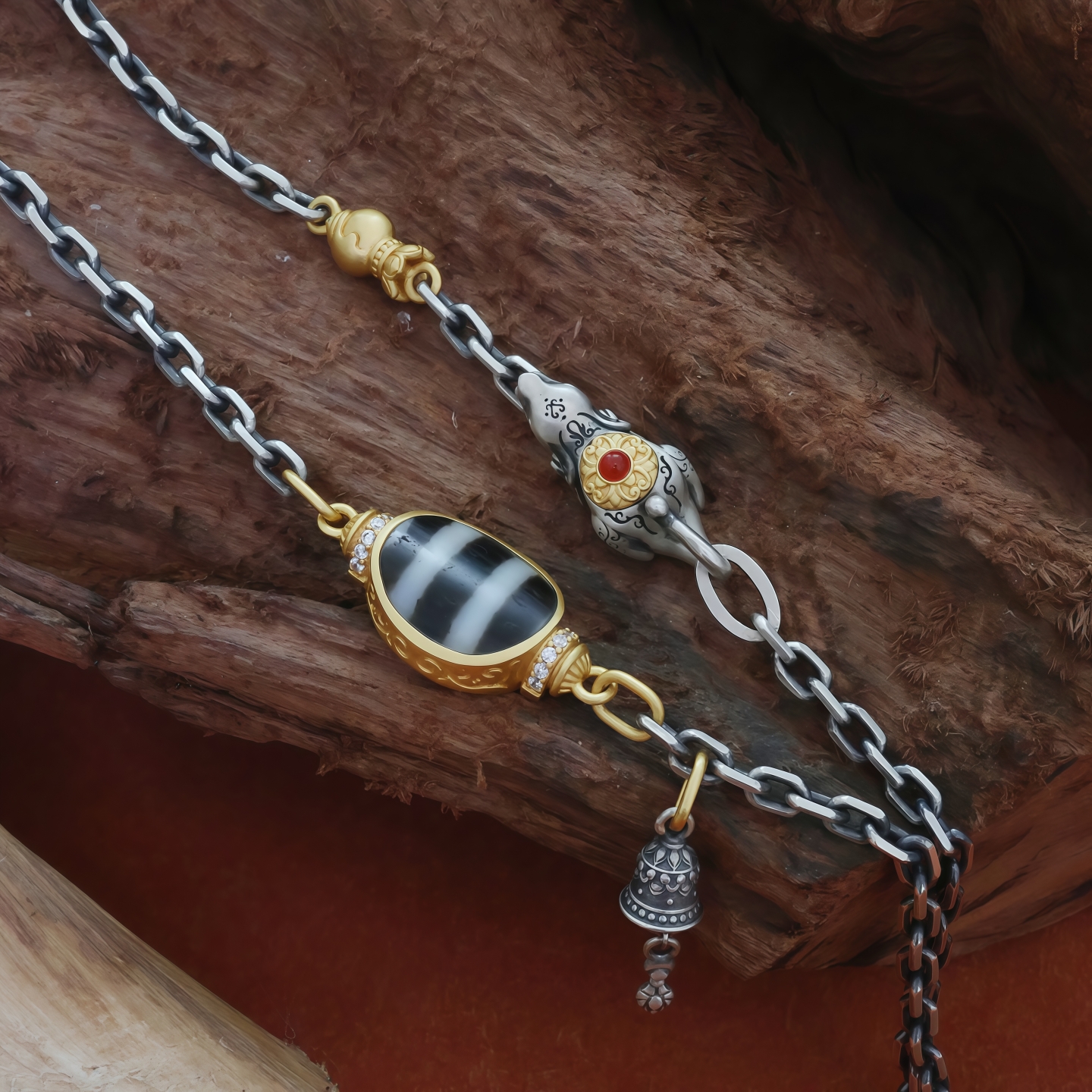 链子925银 个性复古做旧原创国风创意精工雕刻百搭60cm吐宝鼠项链