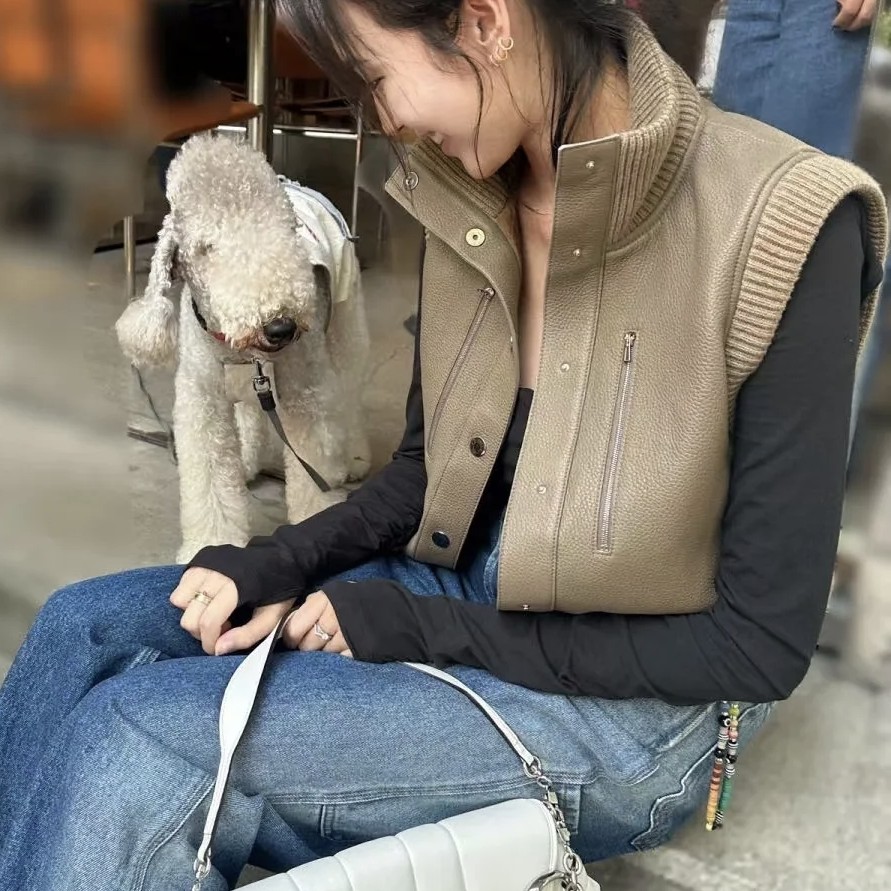 未使用 Hermes/爱马仕 摩卡棕真皮针织拼接背心 36码 GM004296