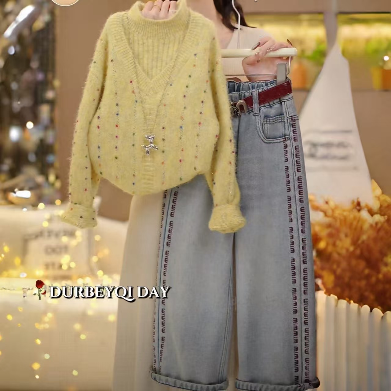 女童2025冬季新款韩版设计师款加厚套头毛衣百搭牛仔裤套装5913