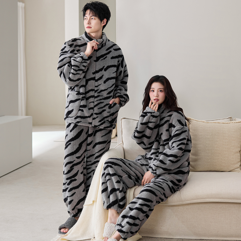 情侣睡衣女秋冬季双层复合加绒加厚珊瑚绒男法兰绒可外穿家居服