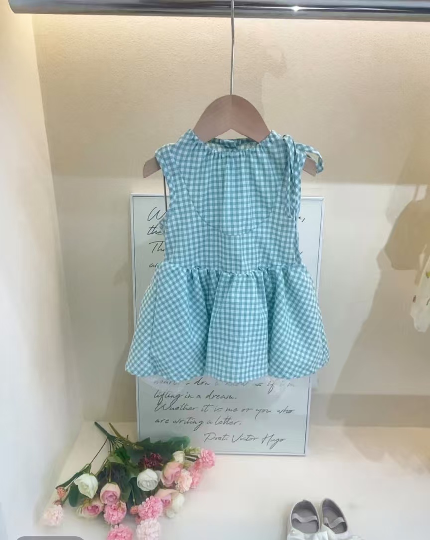 （青柠薄荷）格子夏季女连衣裙韩版宝宝女童无袖绿色