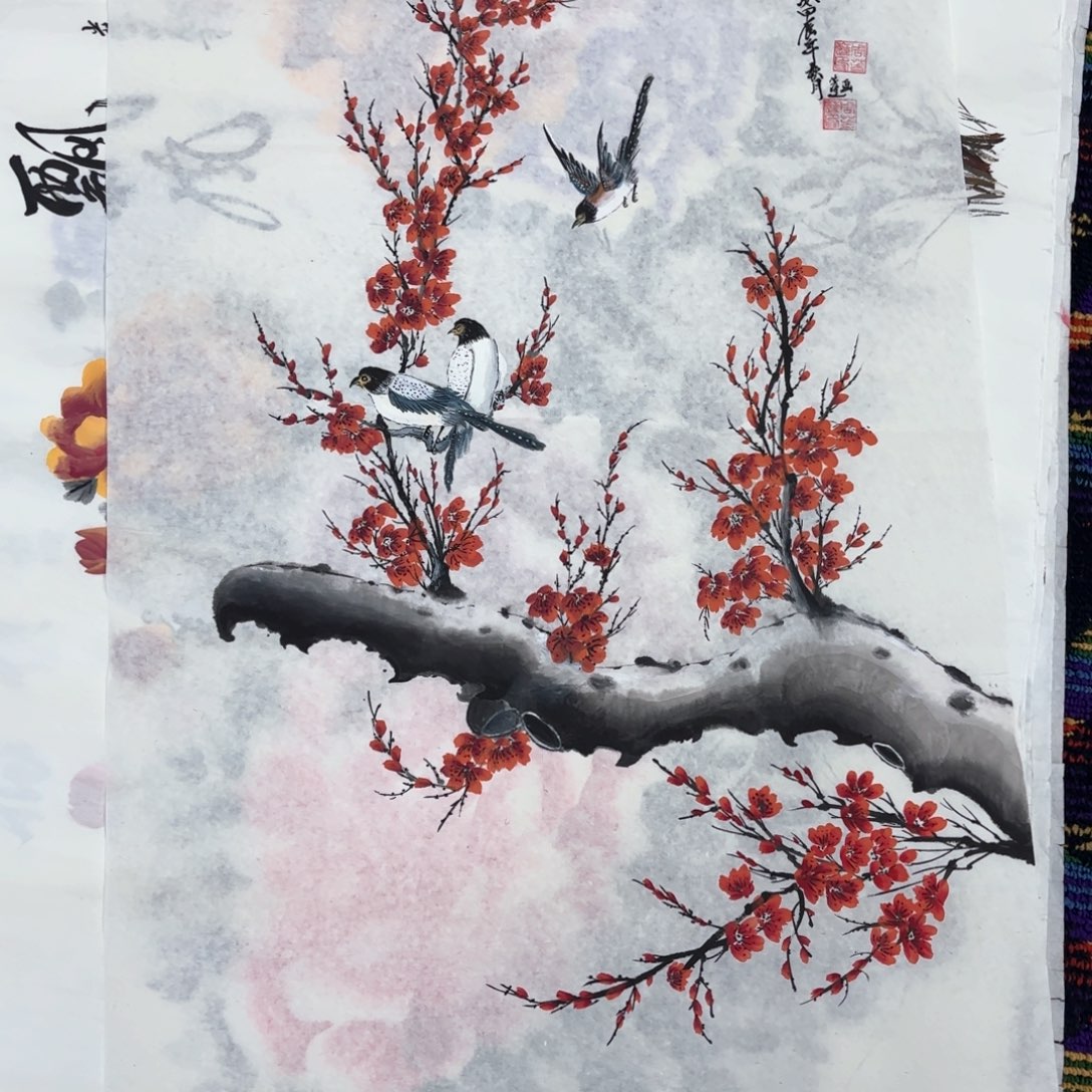 国画周芳莲三尺花鸟朱