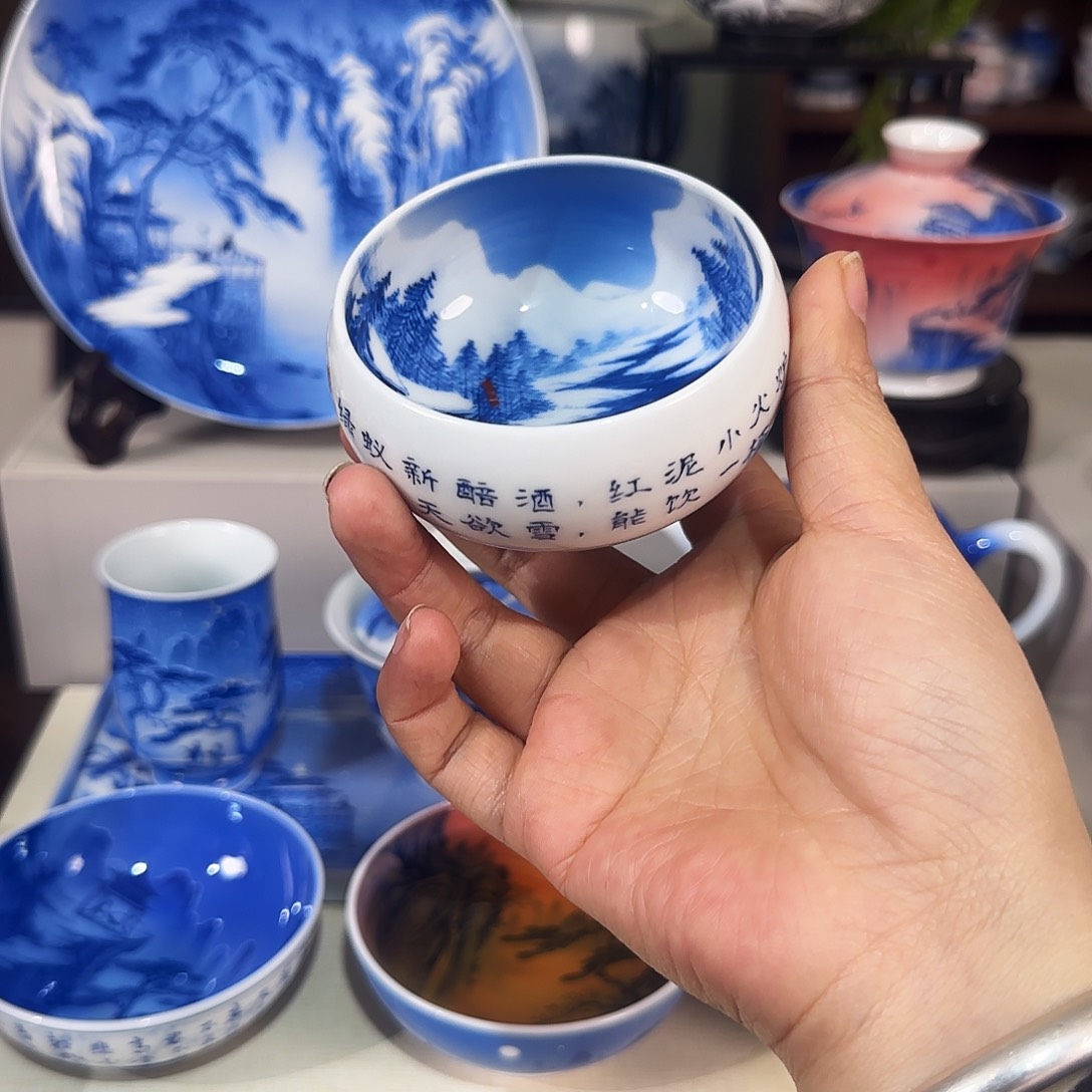 ****二青花山水手绘杯杯
