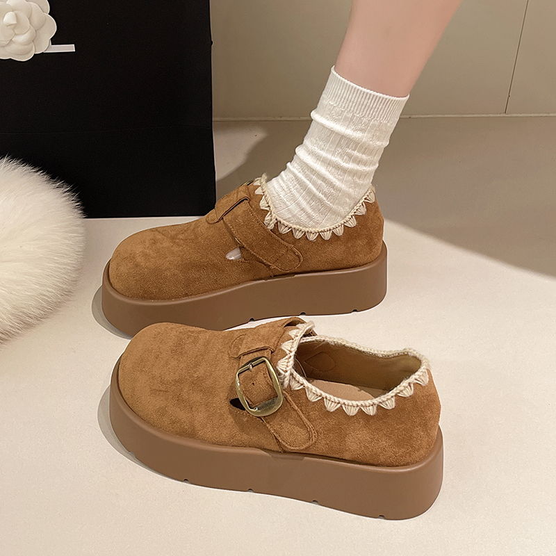 圆头厚底增高勃肯鞋女秋季新款2025年中跟百搭刺绣防滑一脚蹬单鞋