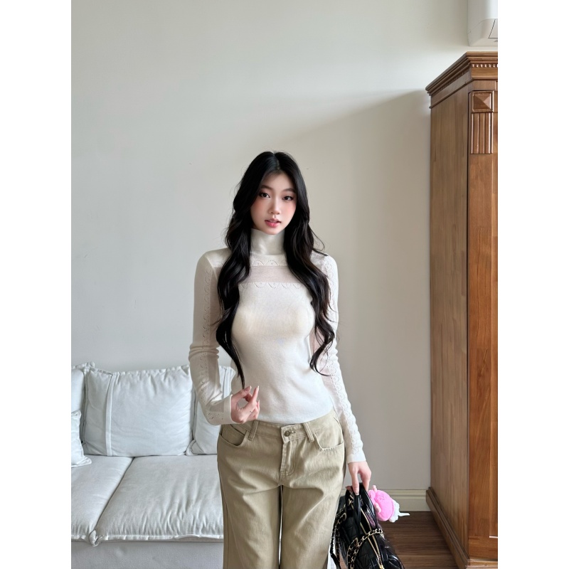 withmin凉皮 秋冬半高领辣妹针织拼接微透显瘦长袖上衣J2600520