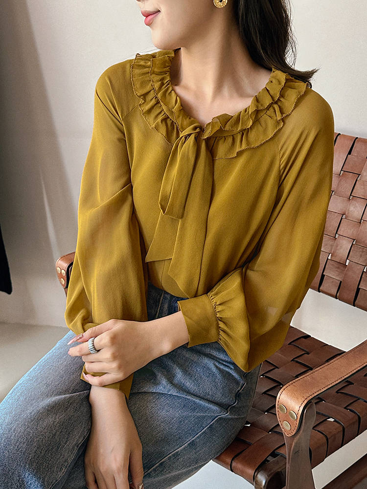 【黄心儿】对丝荷叶边绑带上衣-K0738