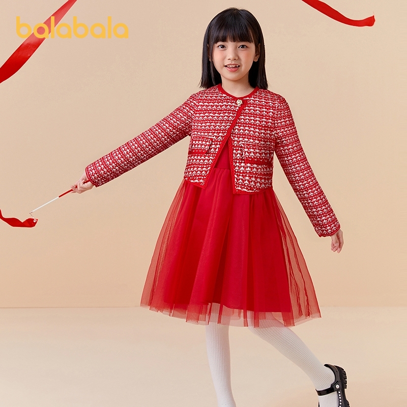 巴拉巴拉女童小香风公主裙大童春拼接洋气儿童连衣裙长袖时尚秋季