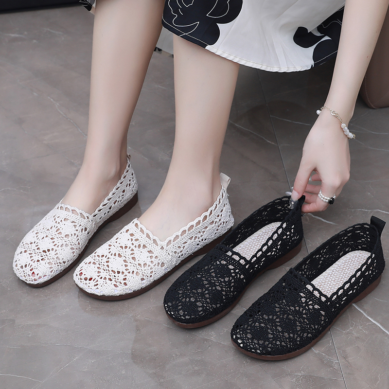 夏季新款老北京网鞋洞洞网面布鞋浅口镂空蕾丝女鞋软底休闲妈妈鞋