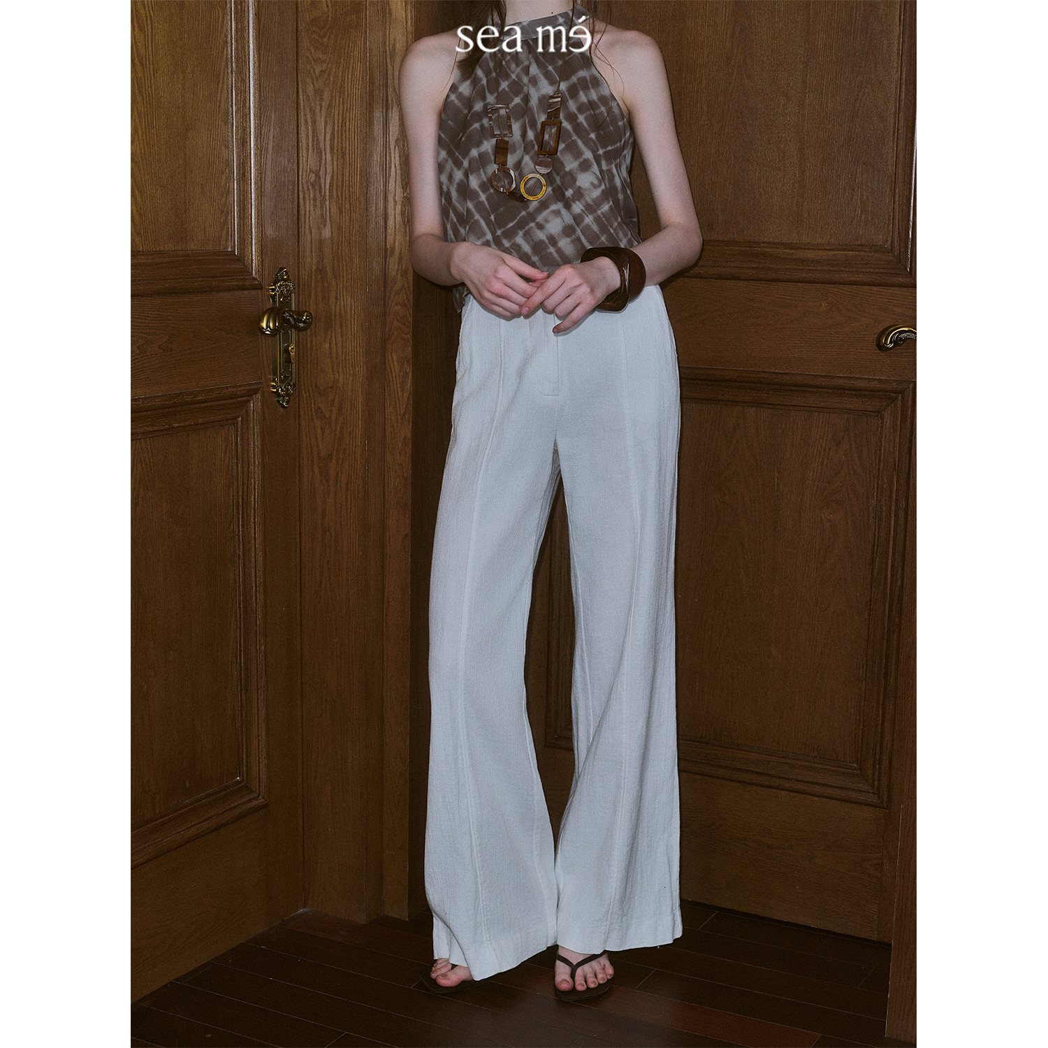 Seame汐觅【云海街】棉麻肌理感老钱风直筒阔腿裤女高腰休闲长裤1