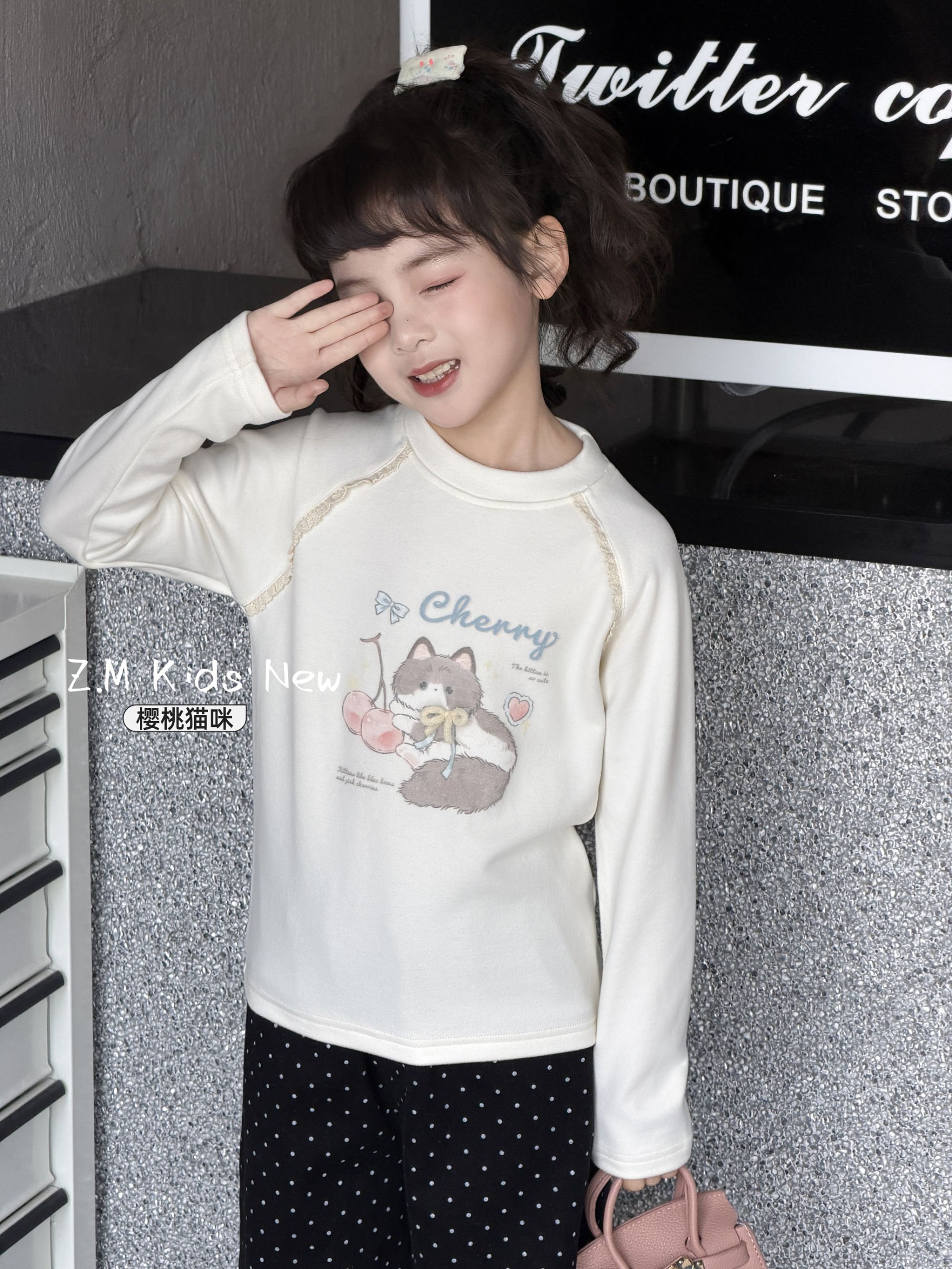 【樱桃猫咪】25冬季女童德绒打底衫中大童印花内搭长袖T恤B-586285