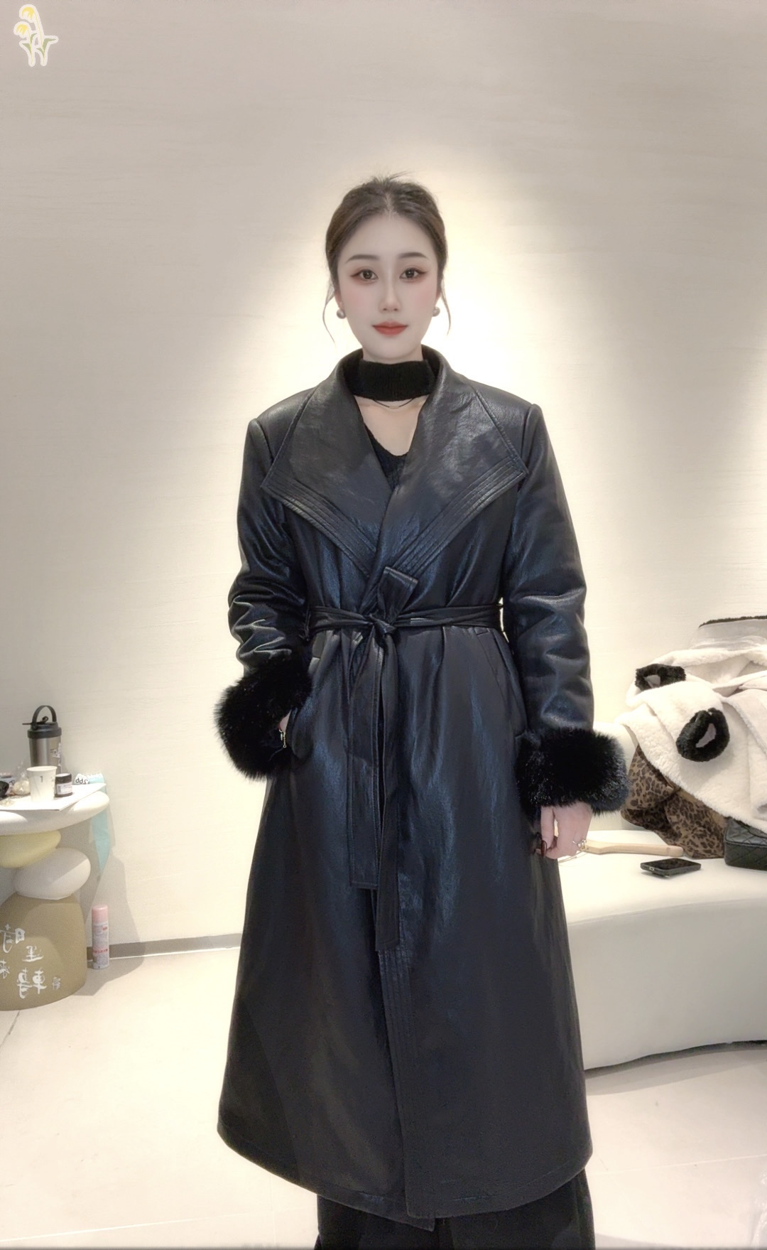 加绒加厚款设计师网红长款收腰系带皮衣（1188#）款