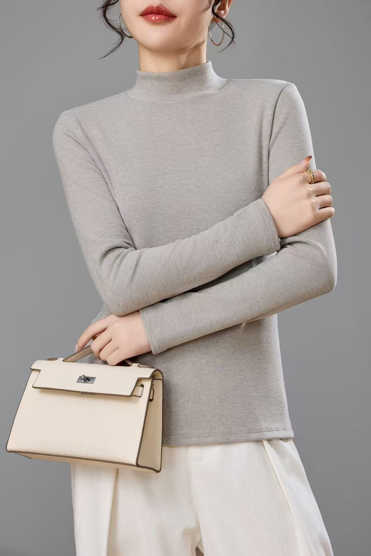 2025秋冬半高领打底衫纯色新款修身长袖舒适百搭莱赛尔上衣-M