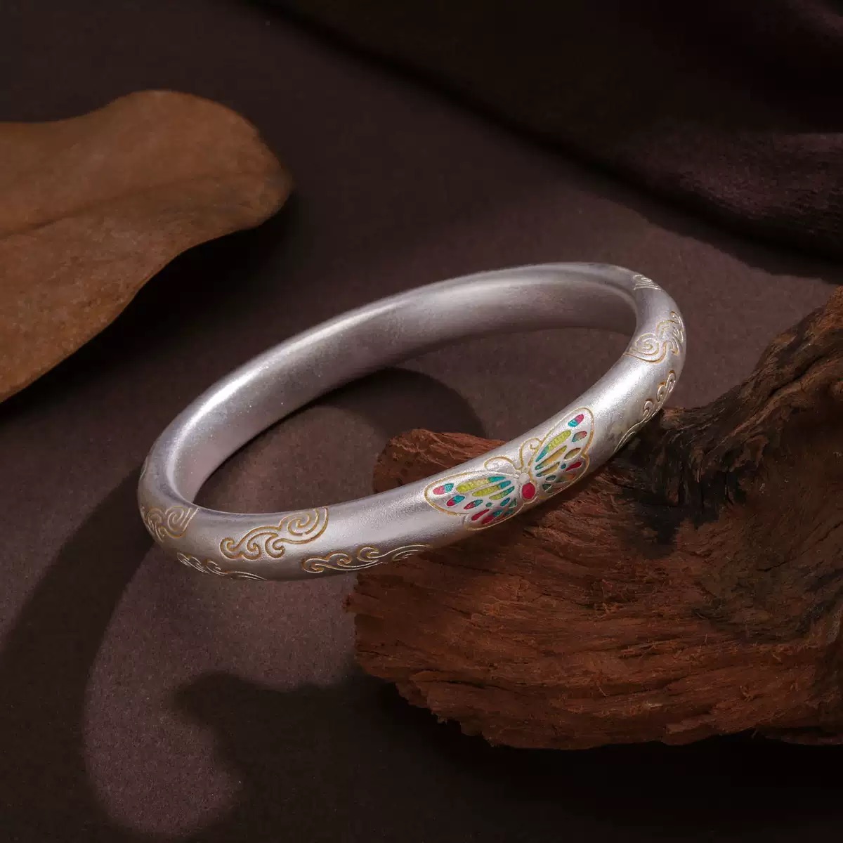 足银银制品 H02珐琅蝴蝶实心手镯闭口款