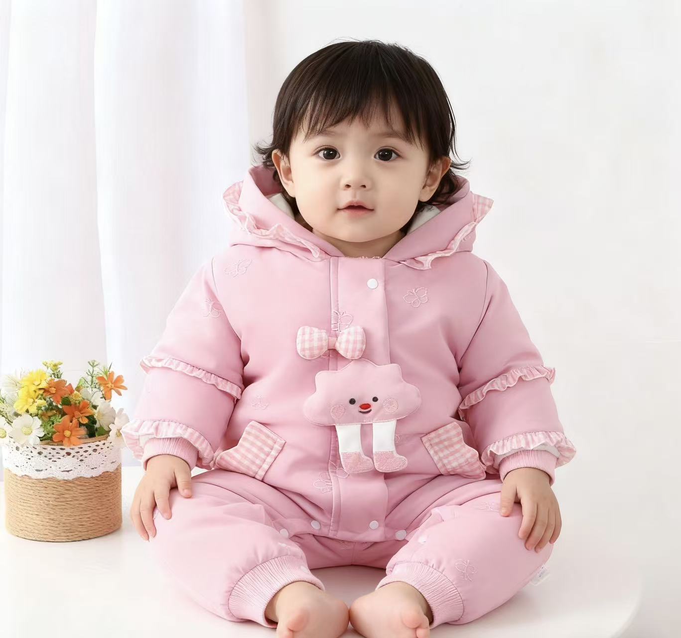 婴幼儿女宝冬季加绒加棉连体衣哈衣冬装俏皮可爱外出服婴儿