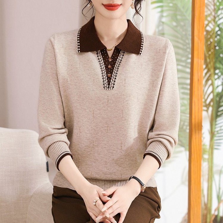 妈妈装秋季新款时尚翻领针织上衣中老年女2025年秋装洋气打底小衫