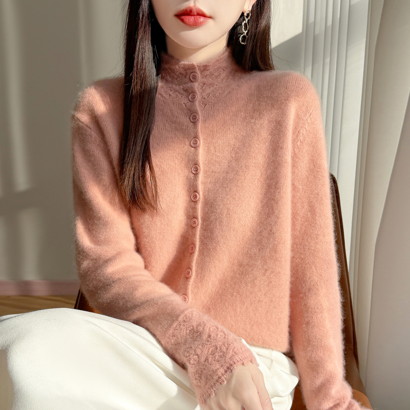 金标100纯羊绒衫女秋冬新款百搭钩花镂空毛衣保暖长袖针织外套潮