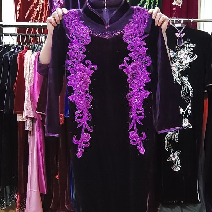 紫色金丝绒领子微透长款旗袍贴花xl115斤左右2XL125斤左右