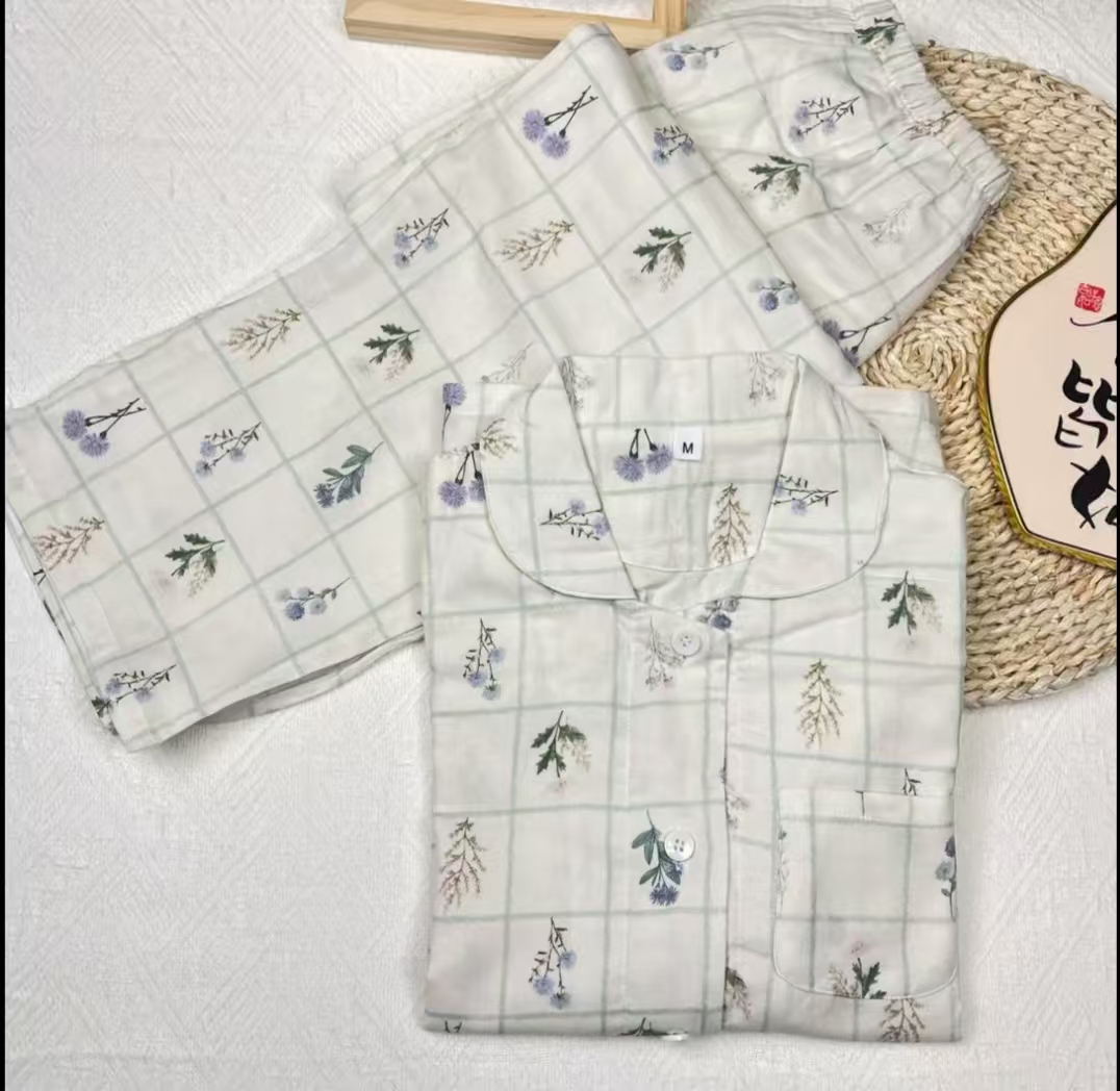全棉双层棉纱四季通穿款式家居服装清新兰花舒适