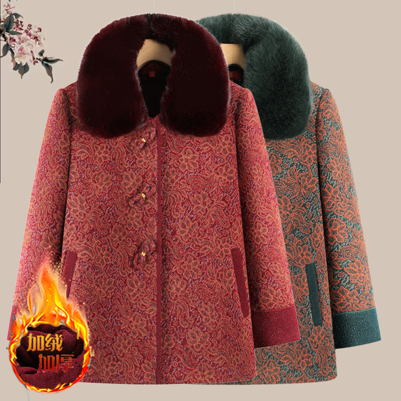 新款中老年立领绣花妈妈装奶奶装大码加绒秋冬棉衣老人衣服妈妈装