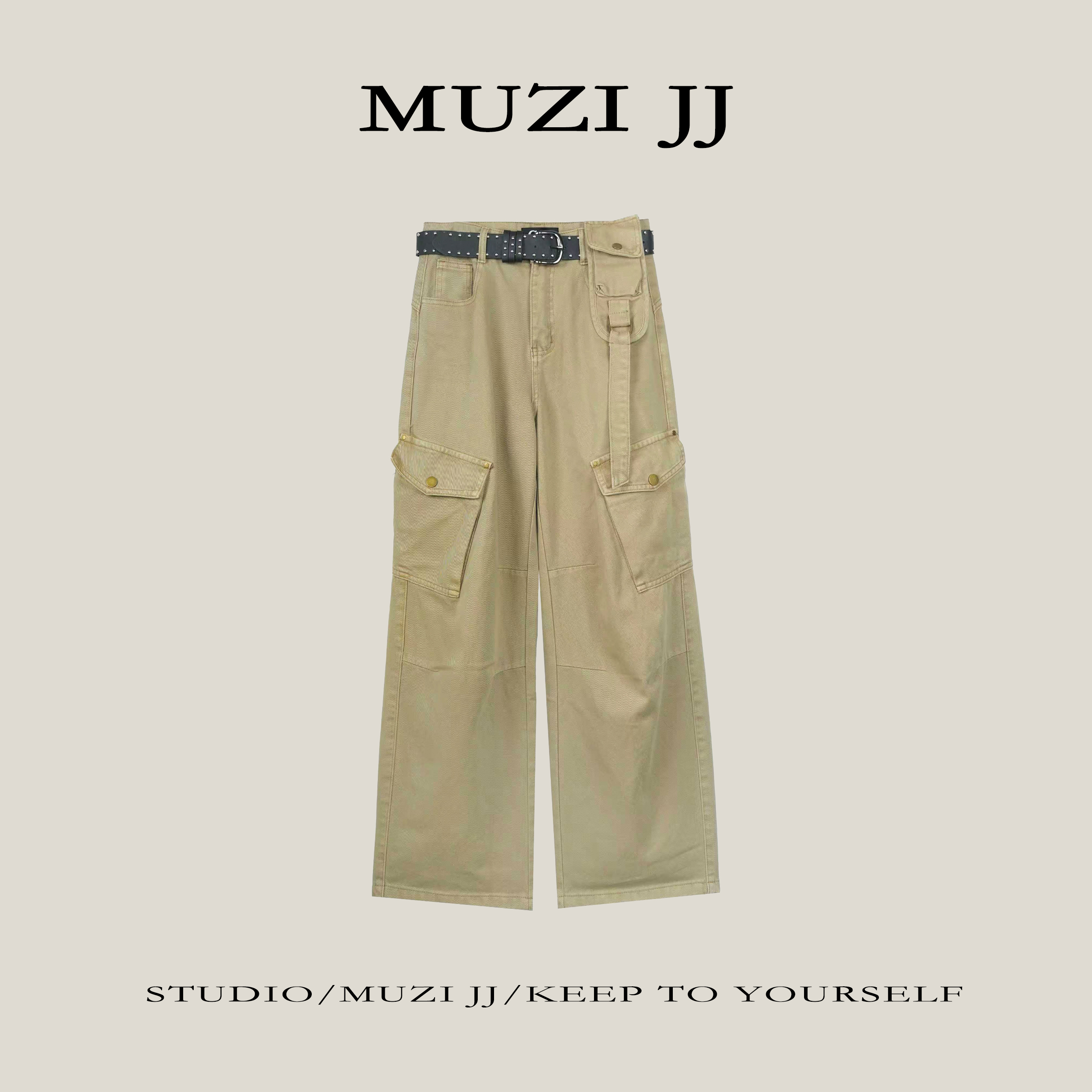 MUZI-61006#街头美式复古百搭阔腿显瘦工装牛仔裤