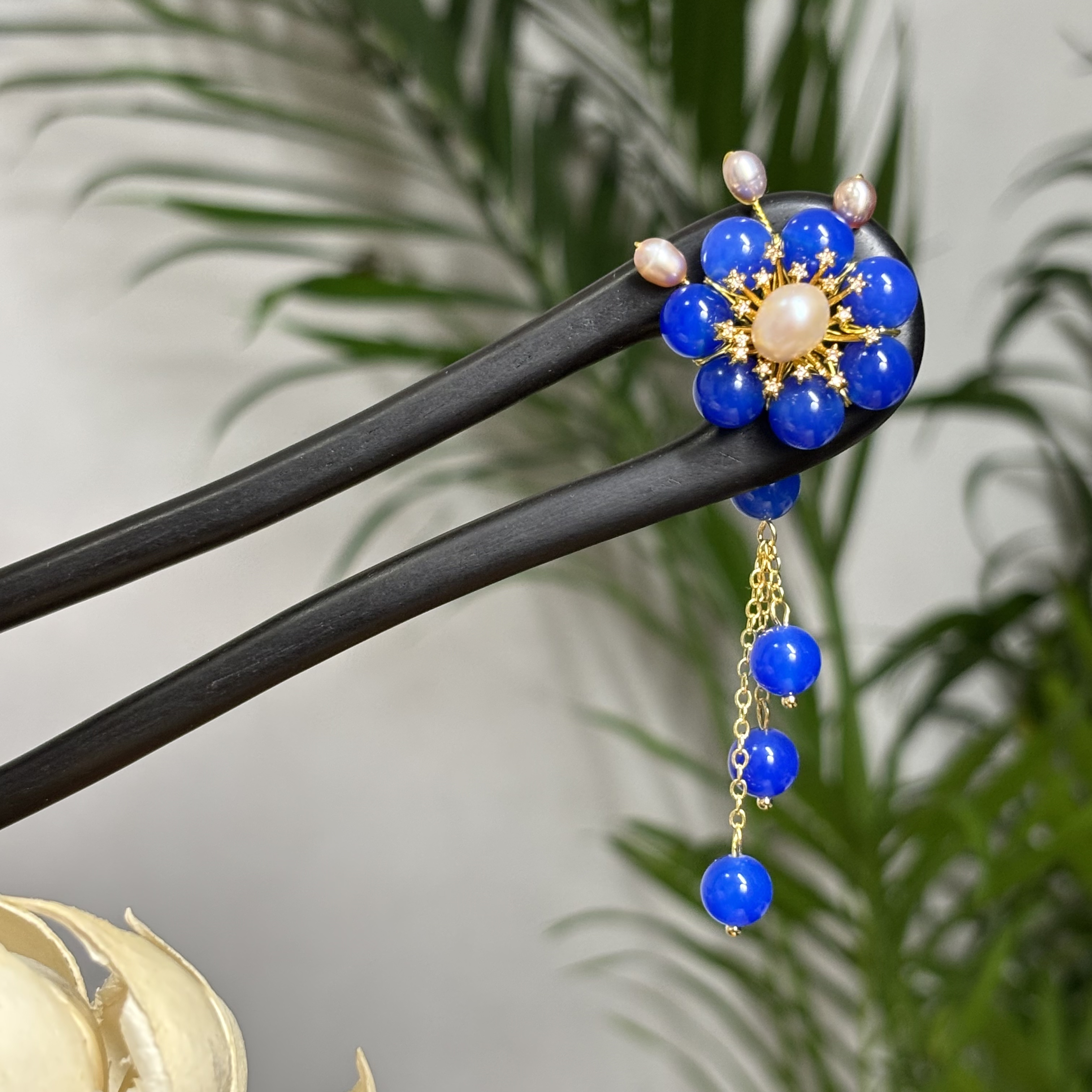 黑檀木（078）黑檀木玛瑙水晶U型发簪复古百搭简约日常中国风簪子