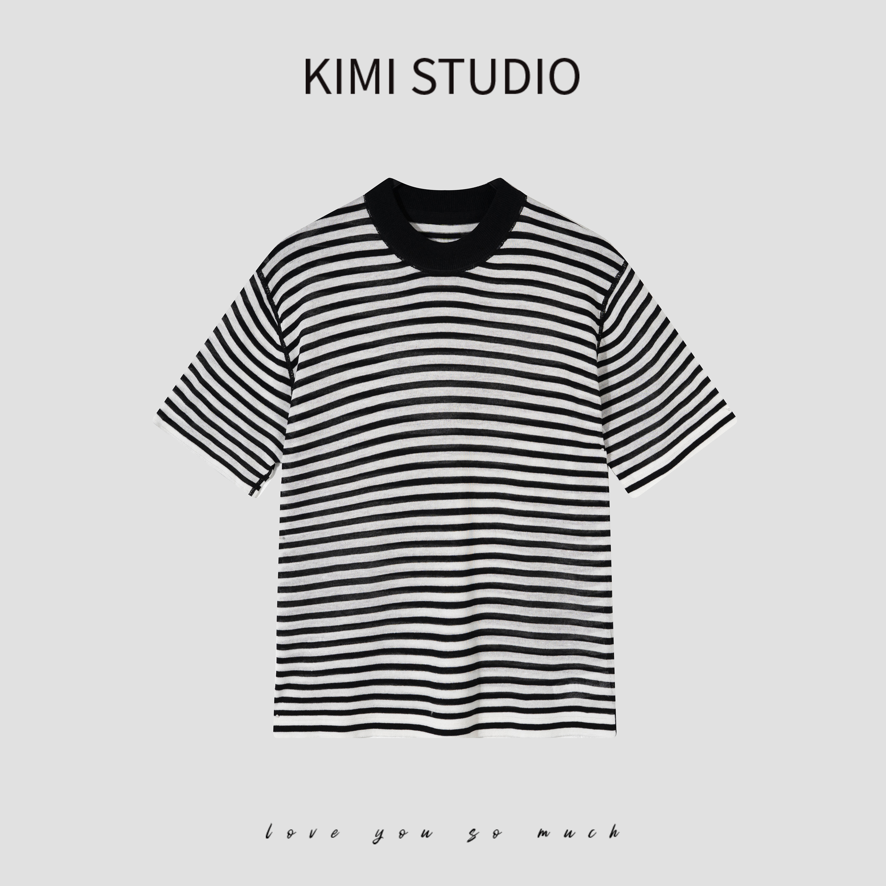 SS251044  莱赛尔亚麻明线后贴标条纹针织上衣 