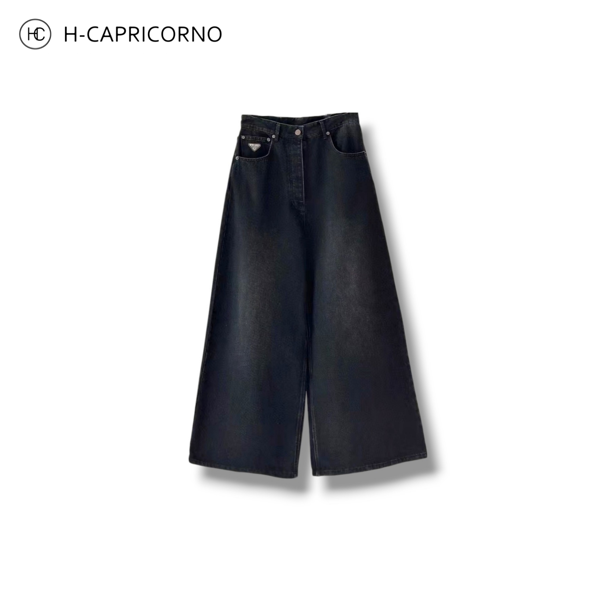 H-CAPRICORNO时髦线条感设计师款大阔腿高腰线长牛仔裤