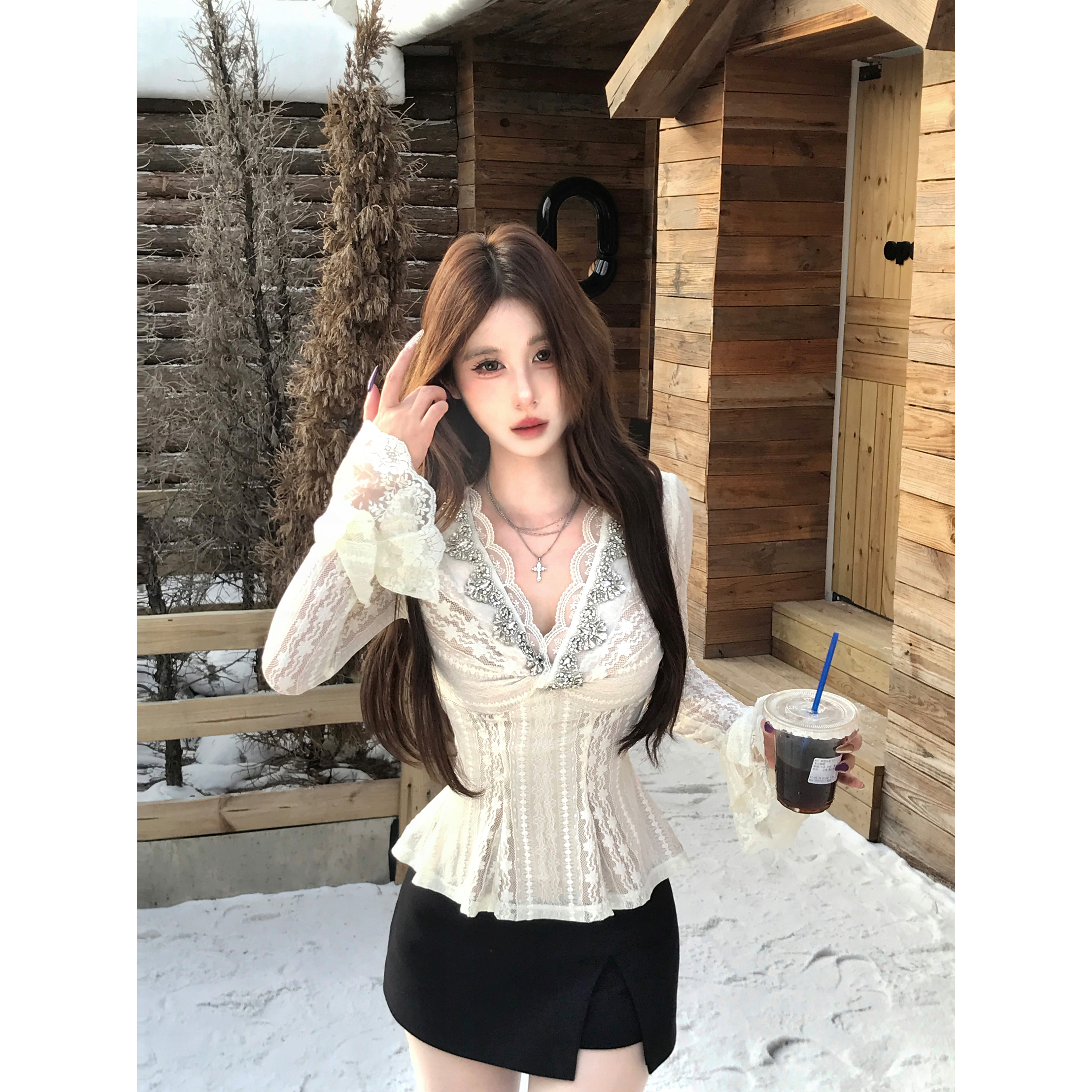 Mejiu蜜九【花袖絮蕾】显瘦纯欲修身法式设计感小众上衣套装