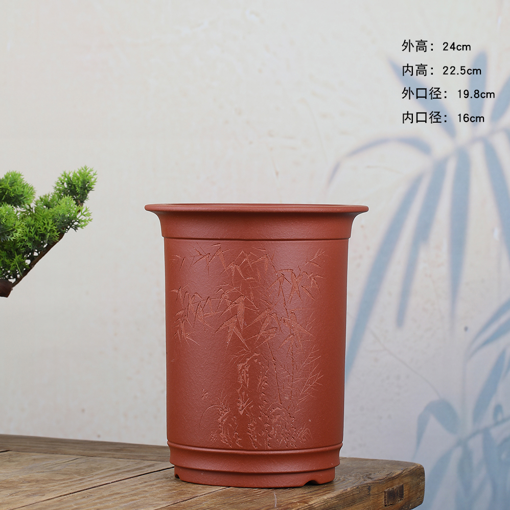 香兰舍高温紫砂花盆降坡泥圆筒带手工刻绘兰花兰草花卉绿植造景盆