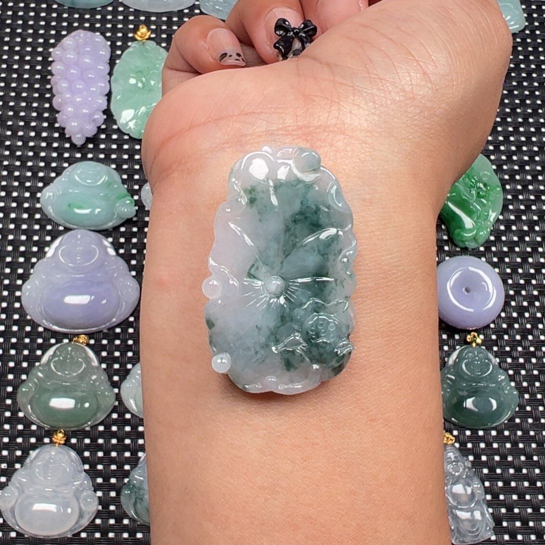 翡翠未镶嵌颈饰飘蓝花荷叶荷花