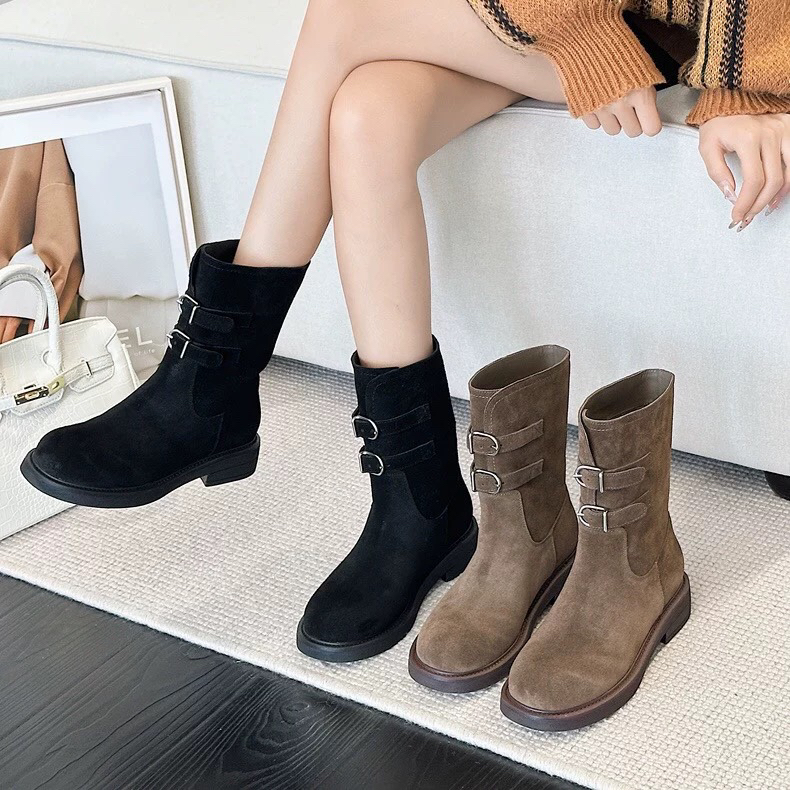 短靴磨砂冬秋方跟低跟加绒瘦瘦靴时尚厚底平底单靴冬季中筒靴