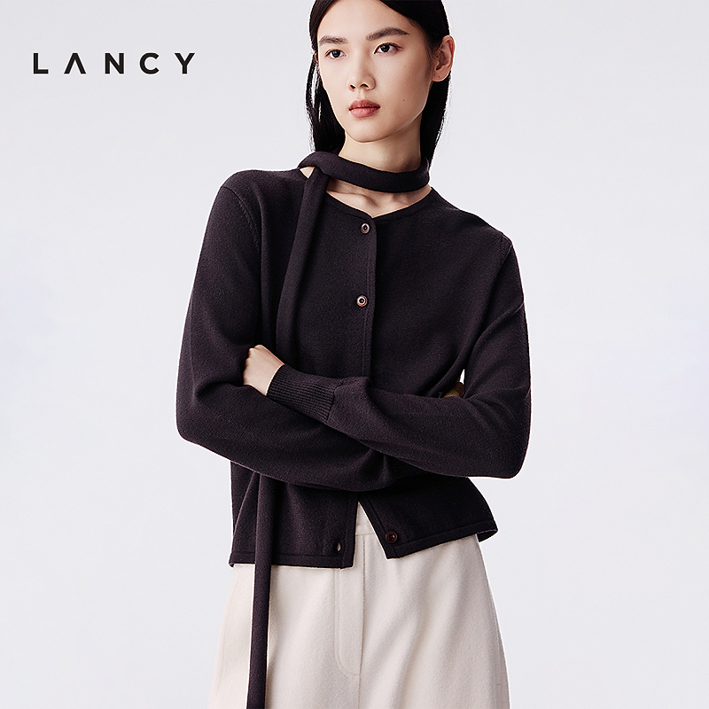【100%羊毛】LANCY/朗姿2025年新款气质围脖飘带纯羊毛针织开衫女
