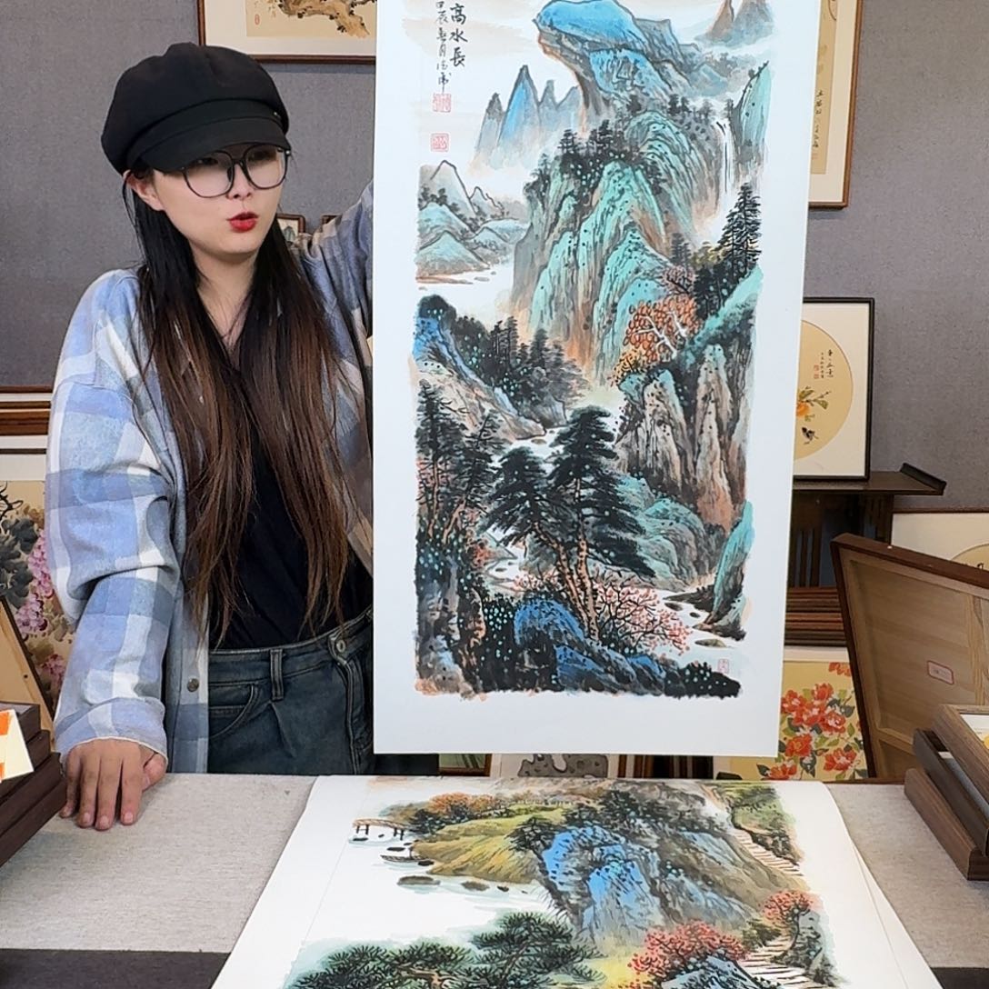 国画纯手绘，纯手写带框尺寸：53×103厘米