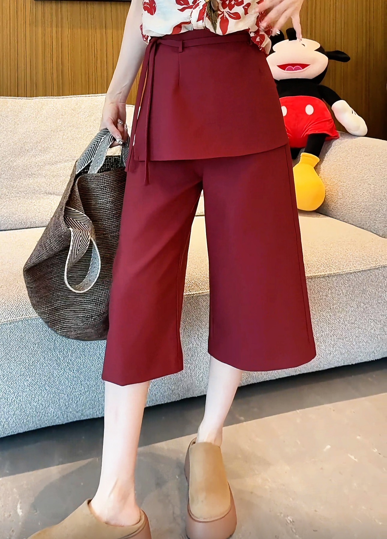 c3361 CC推荐 假两件叠穿屁帘阔腿7分裤