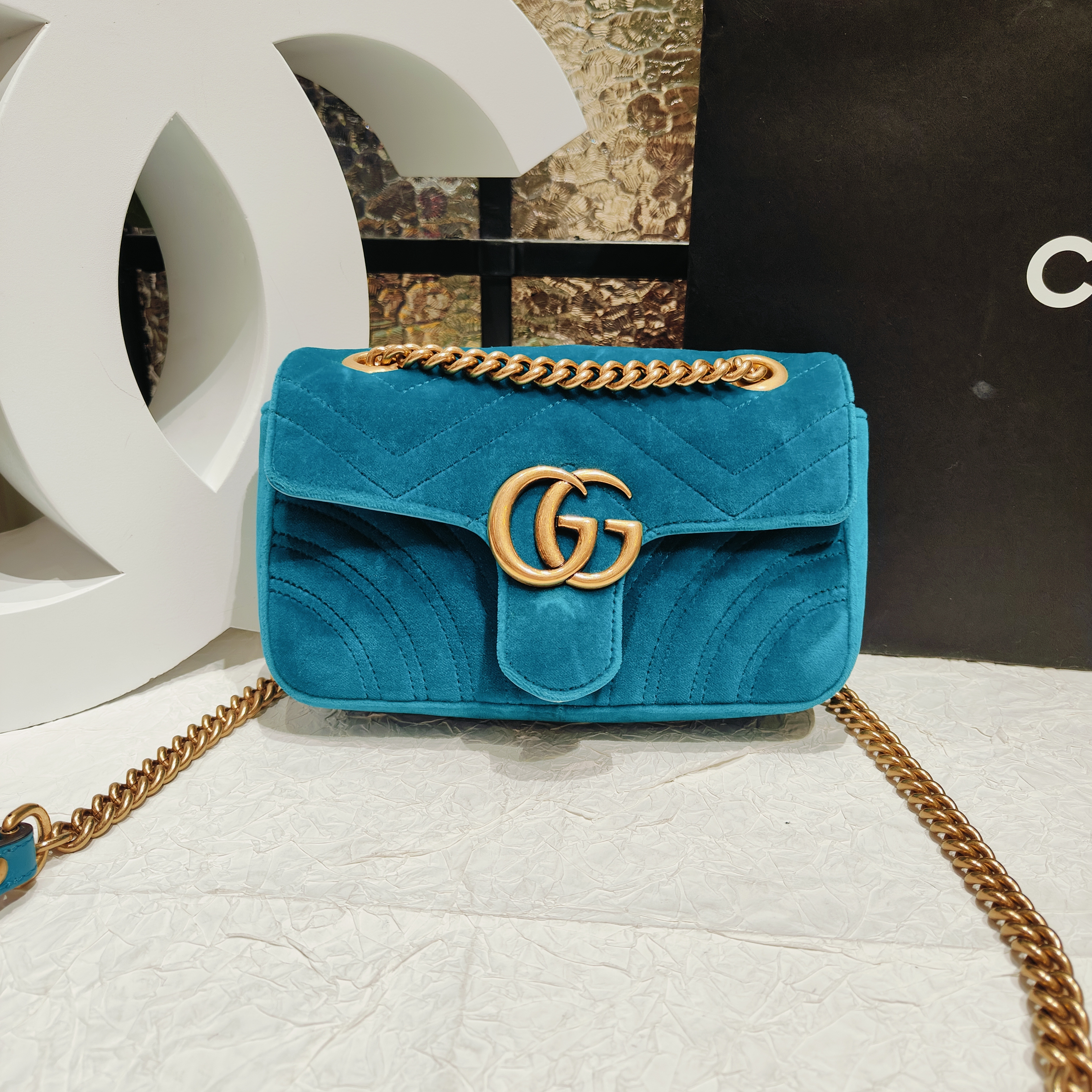 95新 GUCCI/古驰 Gucci湖蓝色马蒙22单肩包 25010031-04