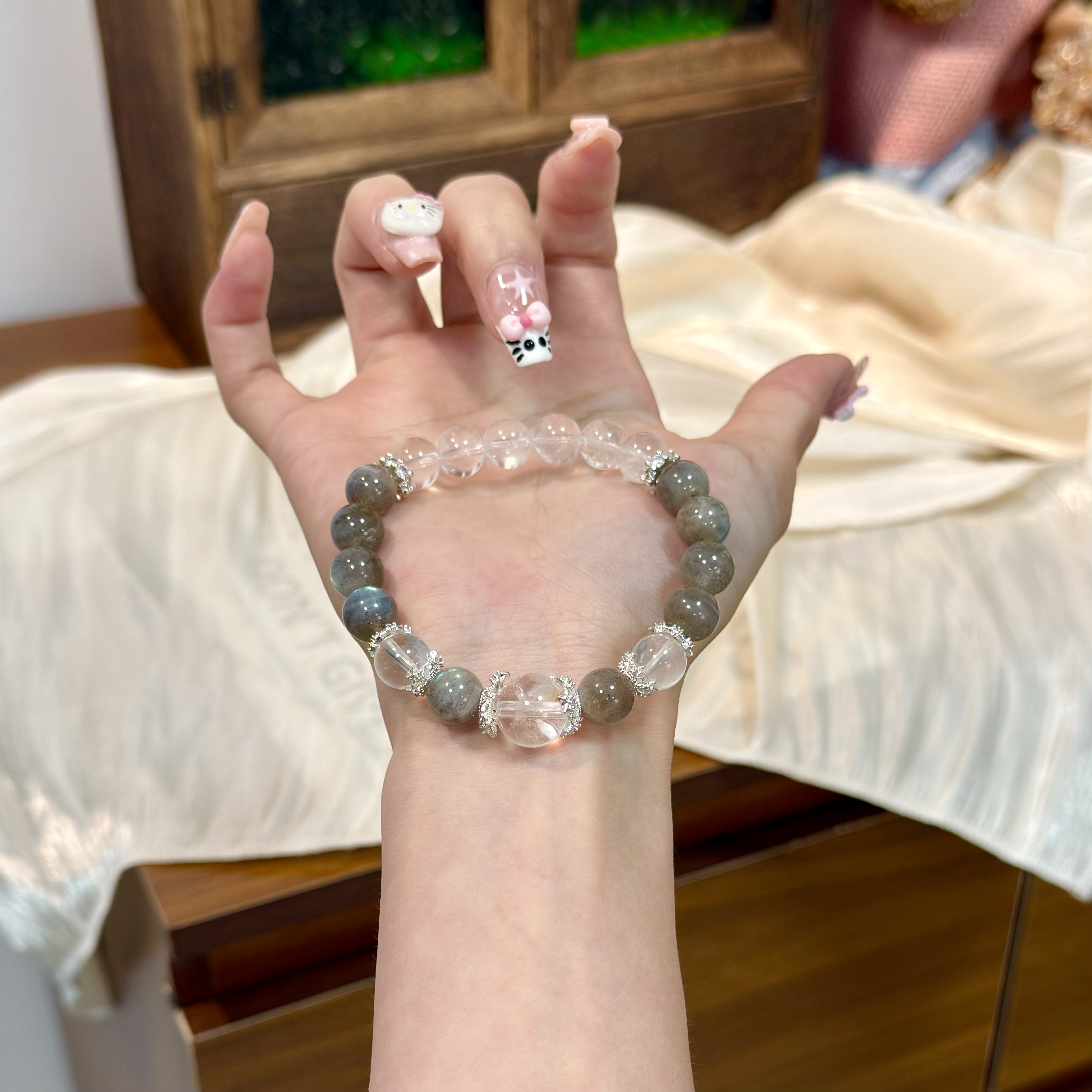 【晚安】11mm白水晶+9mm灰月光 手串原创设计天然水晶