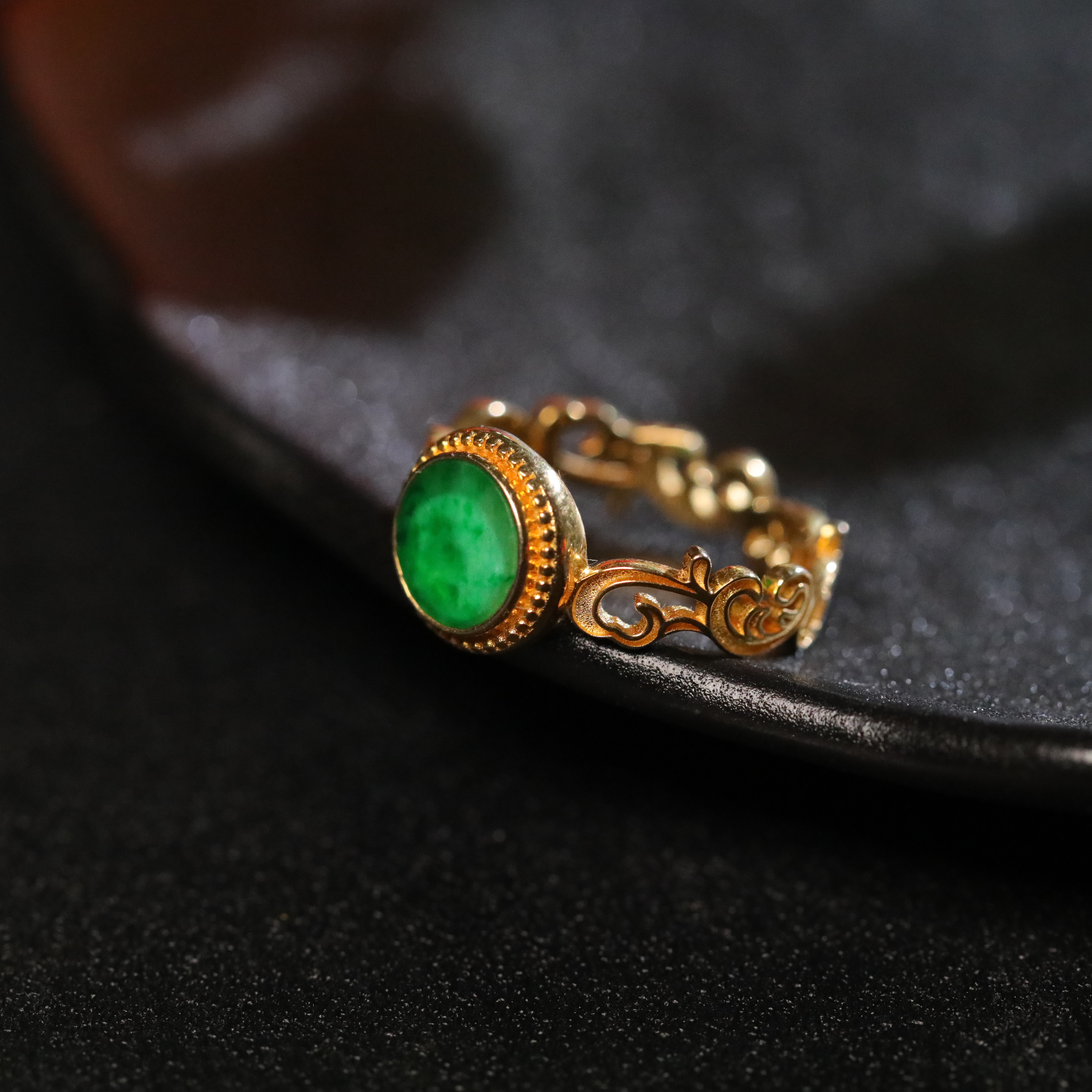 【容柳】天然缅甸A货翡翠镶925银錾刻卷草纹戒圈戒指清雅复古古典
