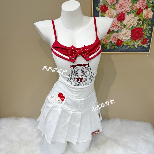 原创西西手作款TZ-40学院风少女漫画印花修身显瘦美背夏季吊带