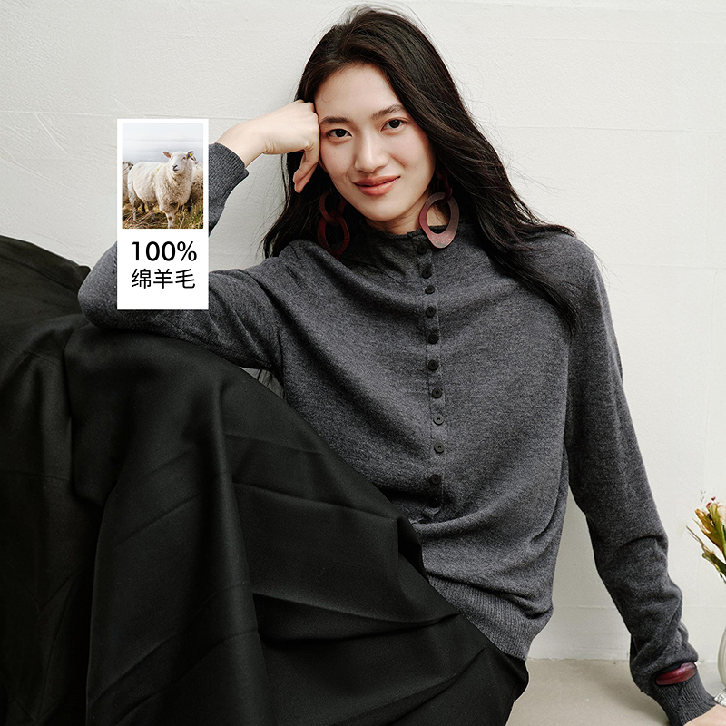 100%羊毛半高领针织衫女2025年秋冬装新款慵懒风灰色上衣