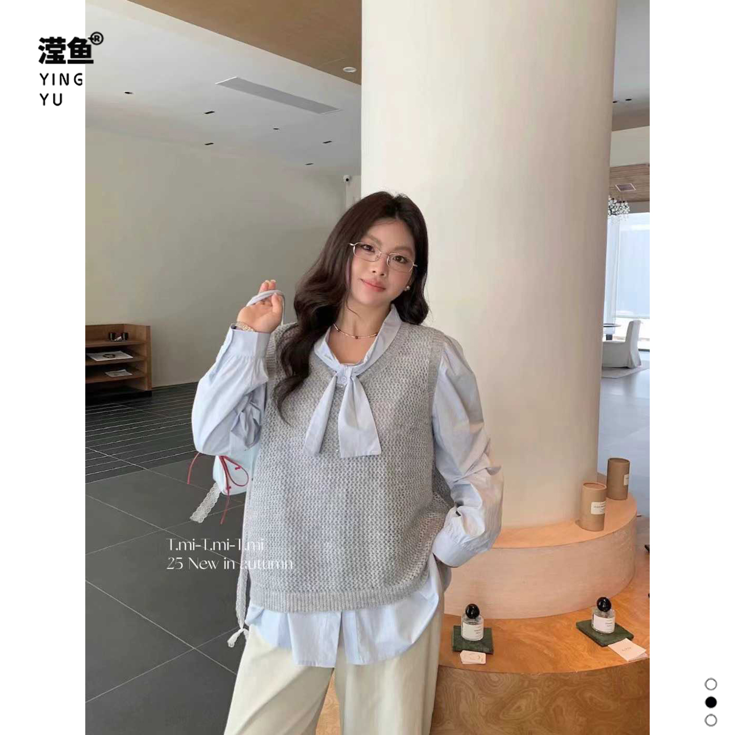 Tmi Q878大码V领织马甲衬衫套装上衣百搭休闲显瘦气质针时尚小衫