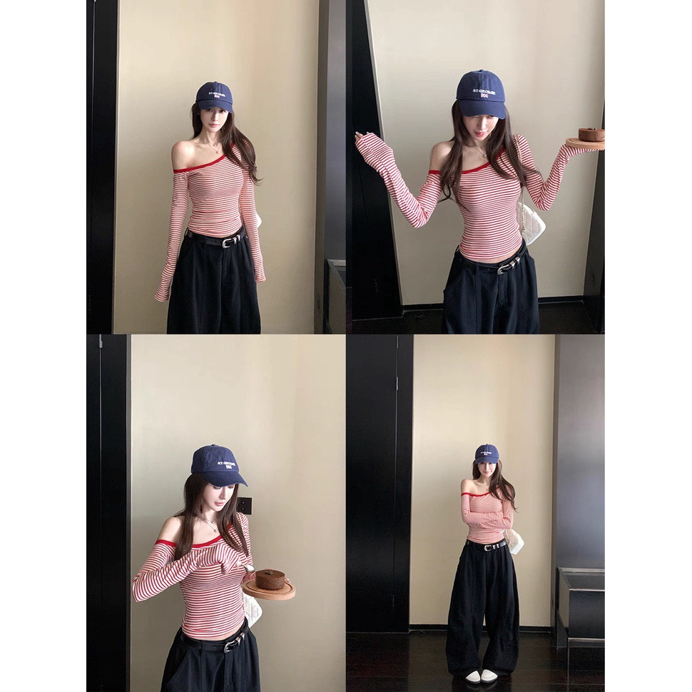复古条纹斜肩长袖T恤女早秋新款设计感露肩打底衫甜辣妹短款上衣