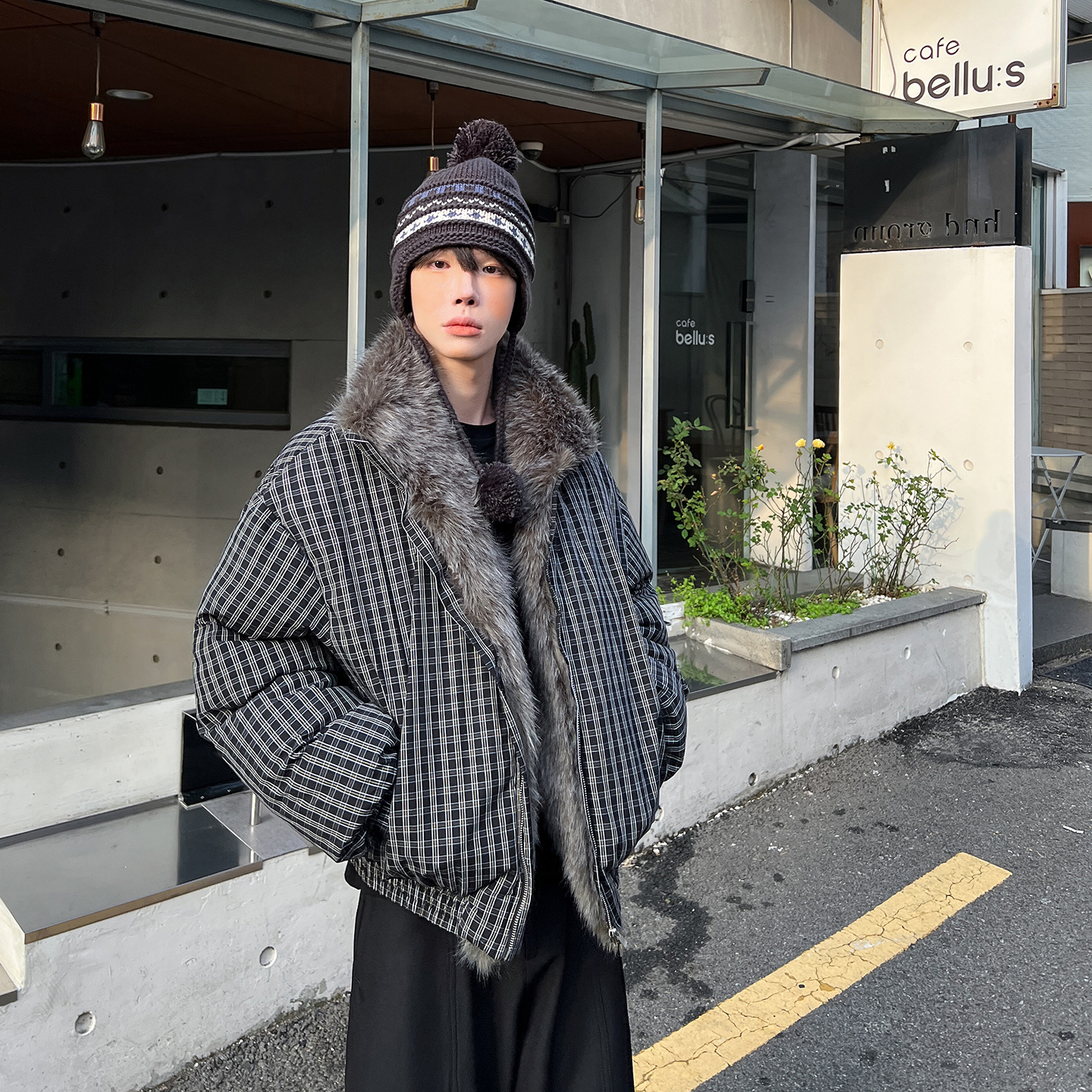 高林凡 格子面包服座山雕毛领拼接加厚棉衣外套男女同款